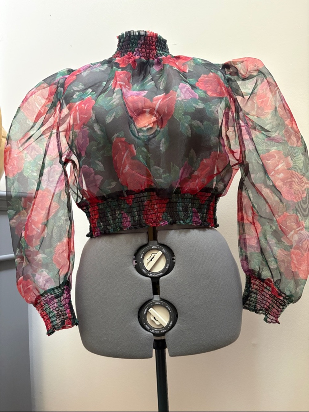 Amazon Sheer Floral Smocked Crop Top in Black and Red